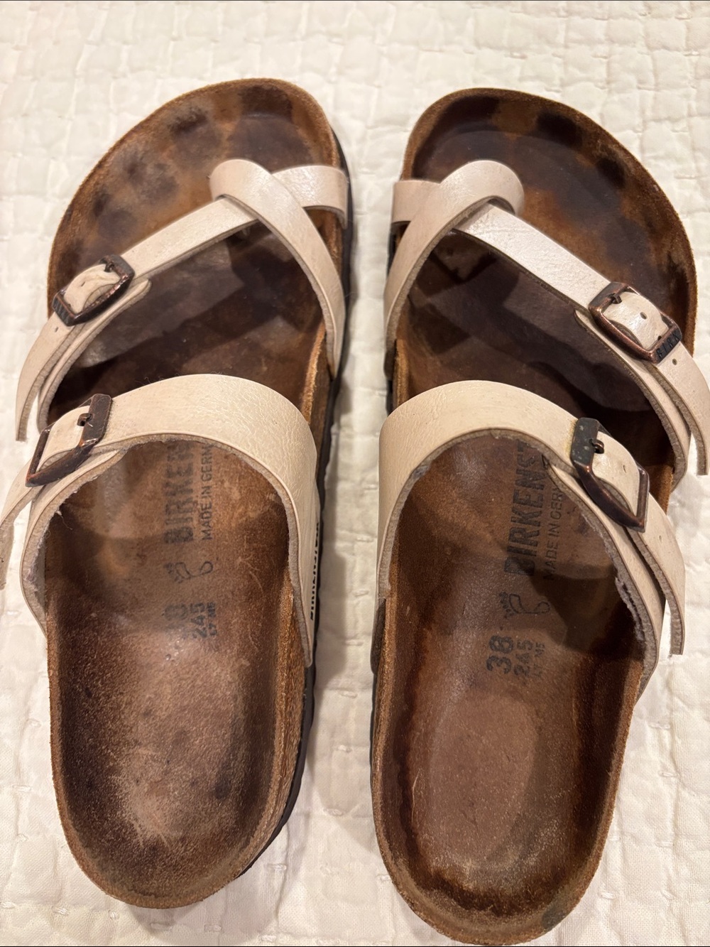 Birkenstock Women's cream colored leather Two-Strap Sandals with Buckles